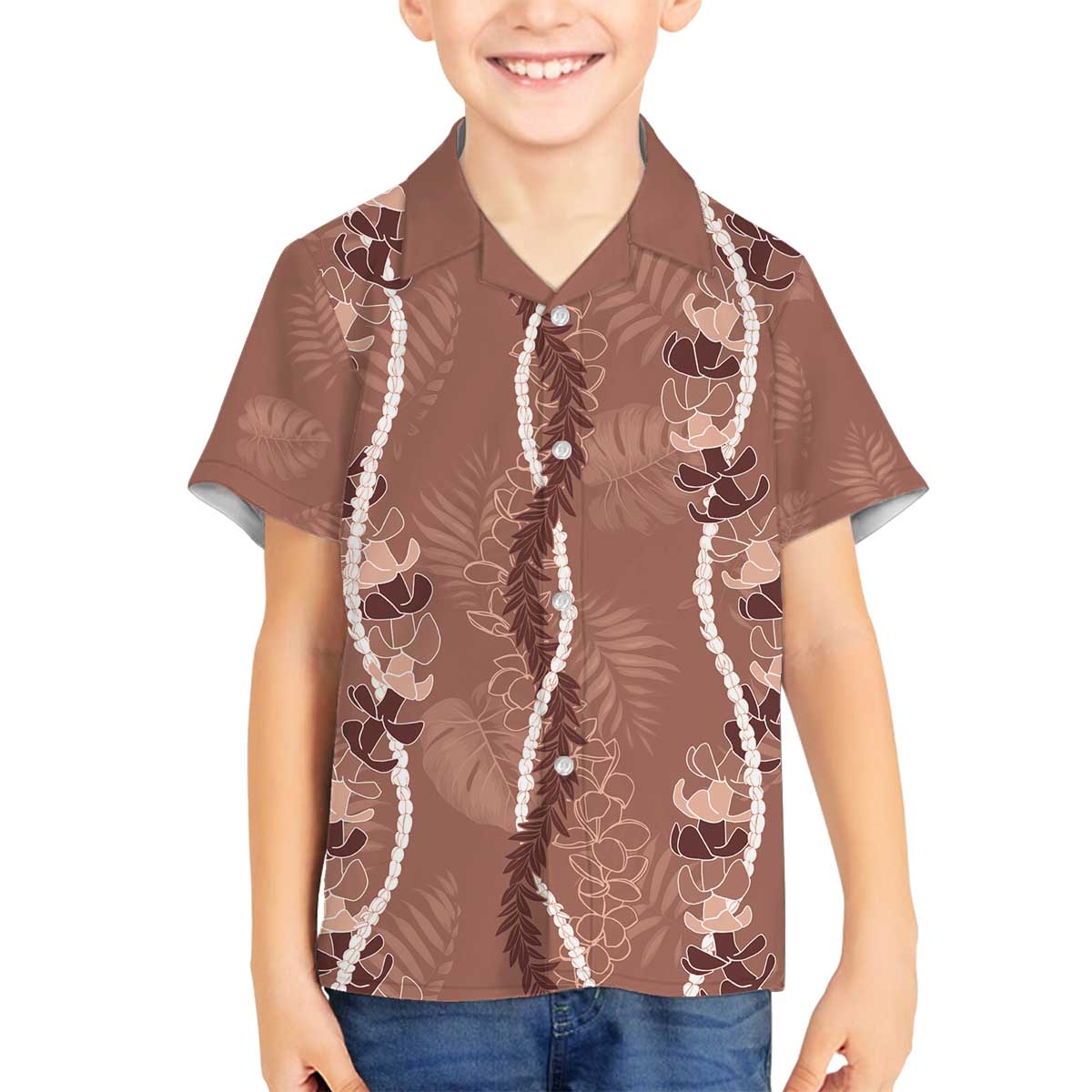 Hawaii Maile Lei Family Matching Off The Shoulder Long Sleeve Dress and Hawaiian Shirt With Brown Monstera Pattern