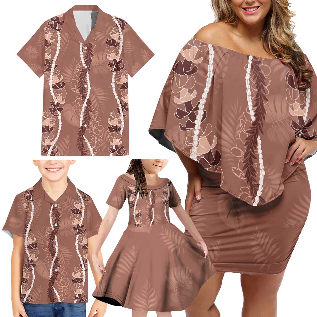 Hawaii Maile Lei Family Matching Off Shoulder Short Dress and Hawaiian Shirt With Brown Monstera Pattern LT05 - Polynesian Pride
