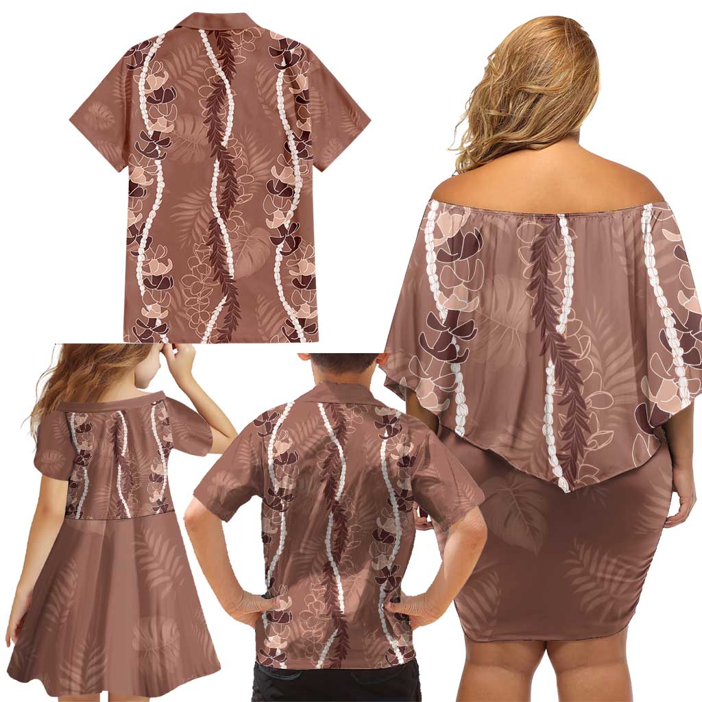 Hawaii Maile Lei Family Matching Off Shoulder Short Dress and Hawaiian Shirt With Brown Monstera Pattern LT05 - Polynesian Pride