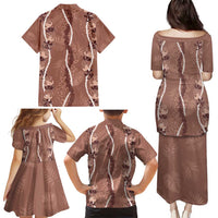 Hawaii Maile Lei Family Matching Puletasi and Hawaiian Shirt With Brown Monstera Pattern