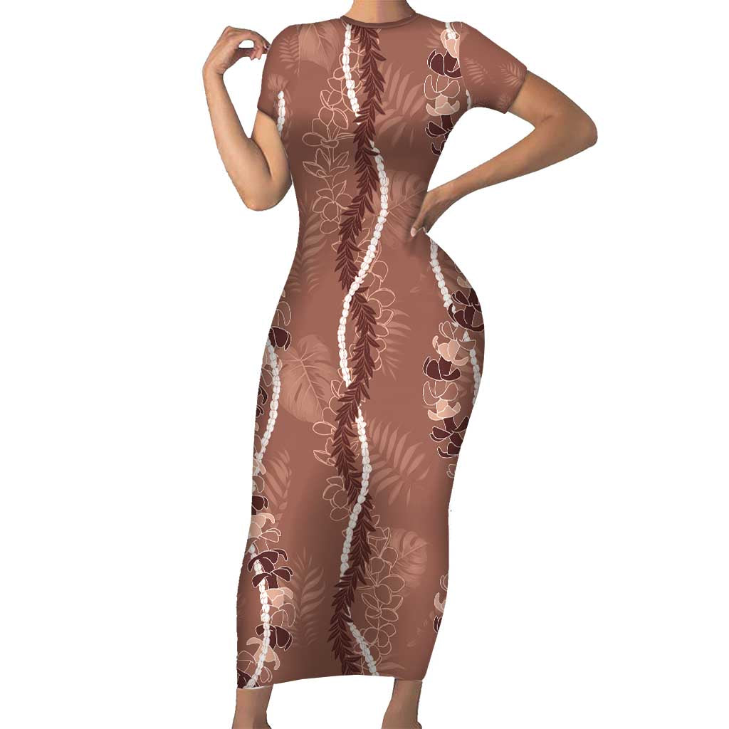 Hawaii Maile Lei Family Matching Short Sleeve Bodycon Dress and Hawaiian Shirt With Brown Monstera Pattern