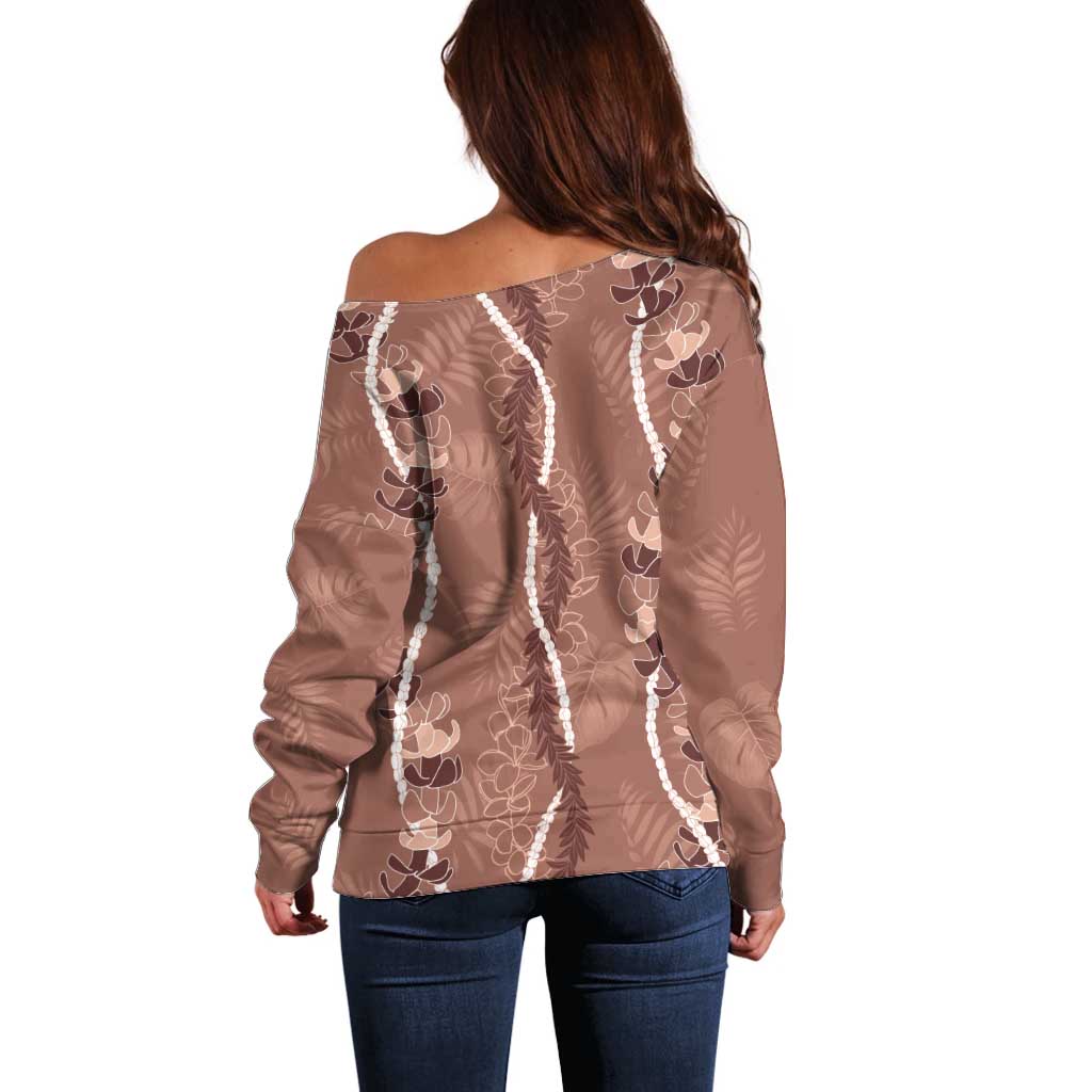 Hawaii Maile Lei Off Shoulder Sweater With Brown Monstera Pattern