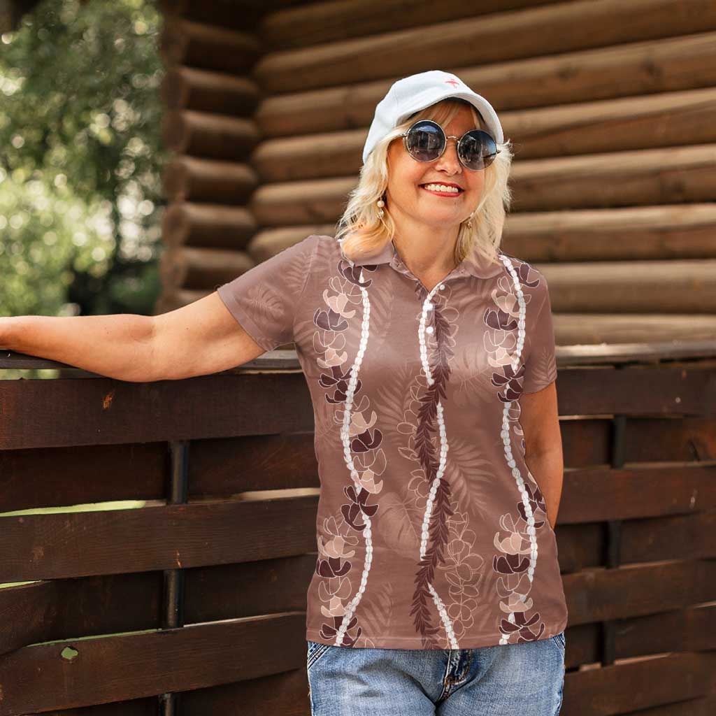 Hawaii Maile Lei Women Polo Shirt With Brown Monstera Pattern
