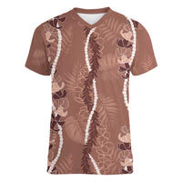 Hawaii Maile Lei Women V-Neck T-Shirt With Brown Monstera Pattern