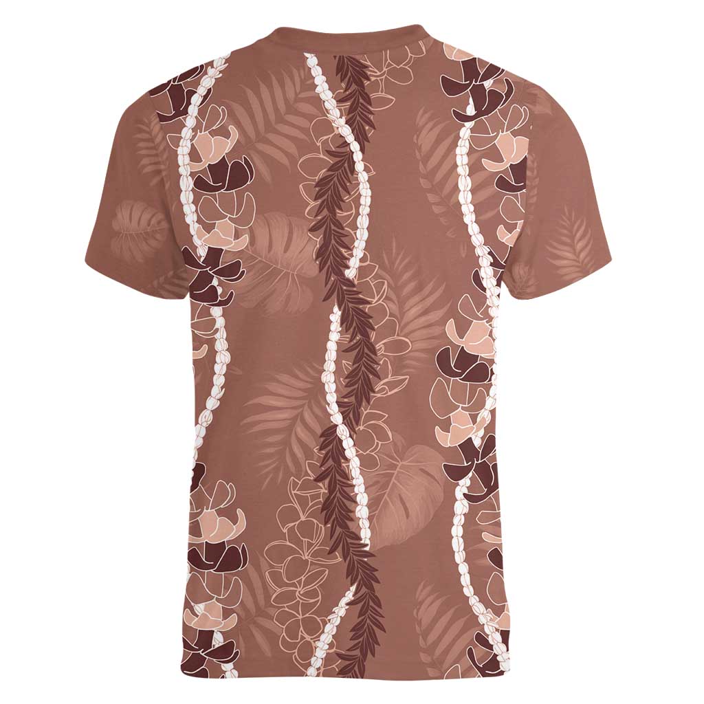 Hawaii Maile Lei Women V-Neck T-Shirt With Brown Monstera Pattern