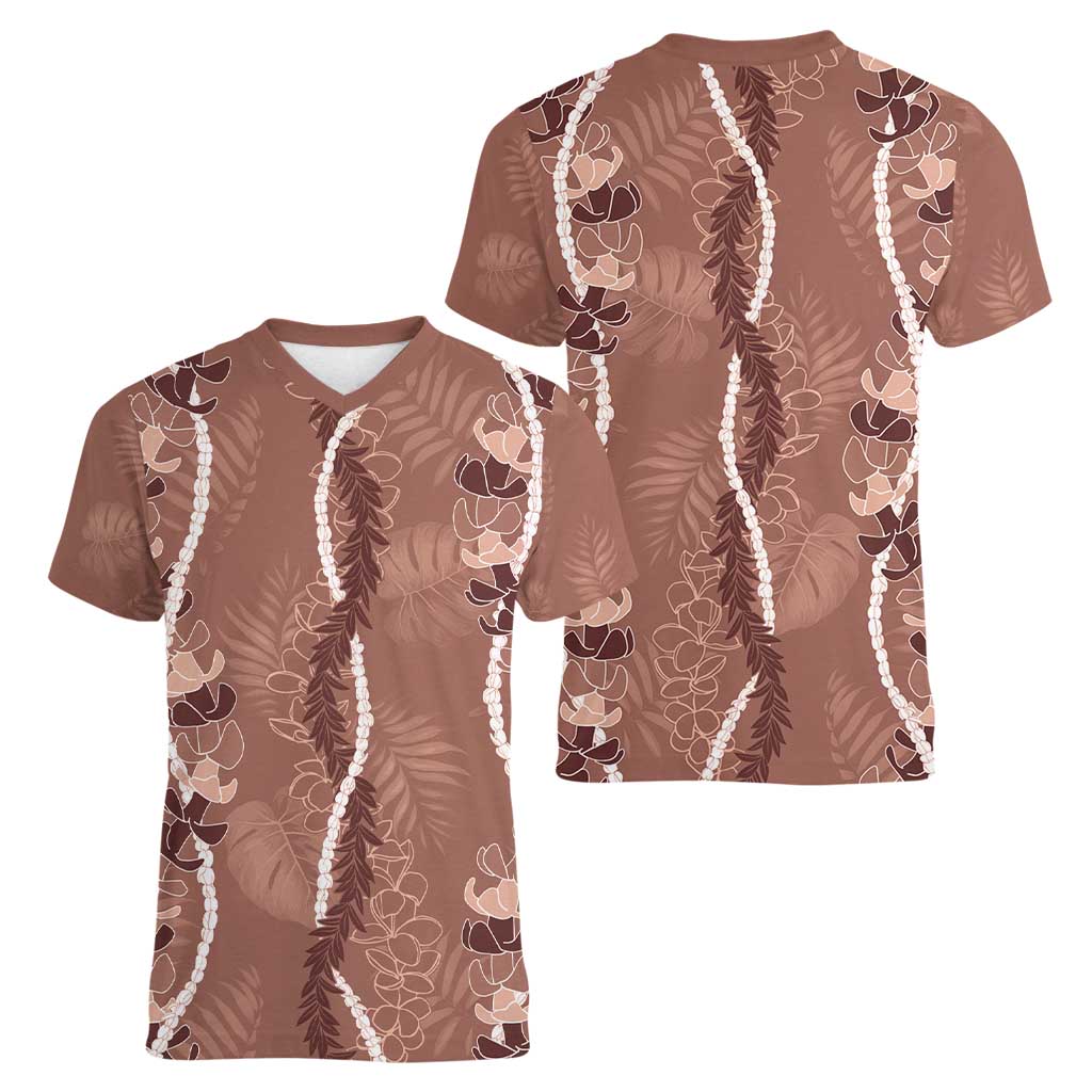 Hawaii Maile Lei Women V-Neck T-Shirt With Brown Monstera Pattern