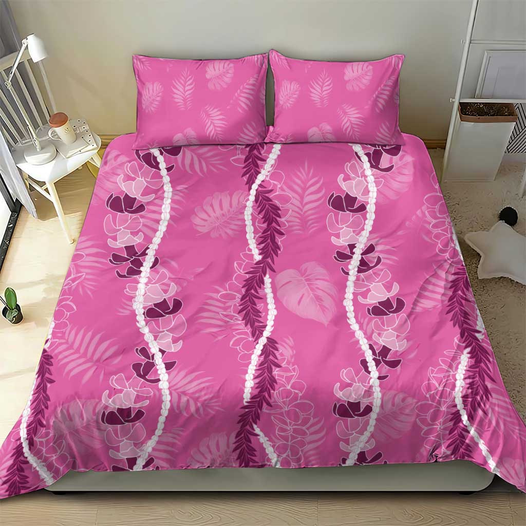 Hawaii Maile Lei Bedding Set With Pink Monstera Pattern