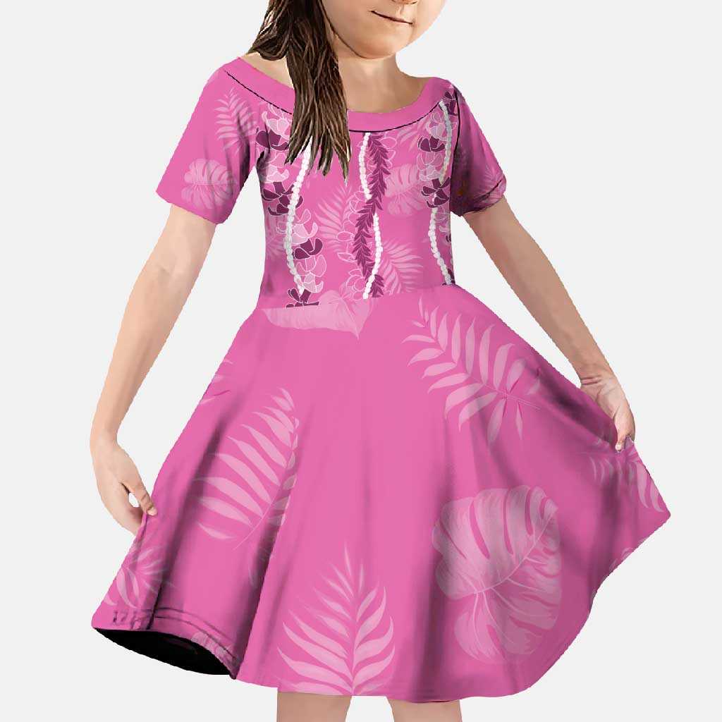 Hawaii Maile Lei Family Matching Mermaid Dress and Hawaiian Shirt With Pink Monstera Pattern LT05 Daughter's Dress Pink - Polynesian Pride