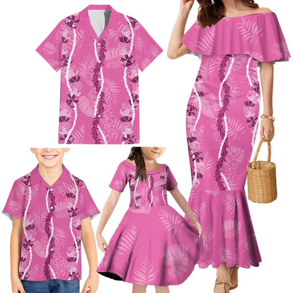 Hawaii Maile Lei Family Matching Mermaid Dress and Hawaiian Shirt With Pink Monstera Pattern LT05 - Polynesian Pride