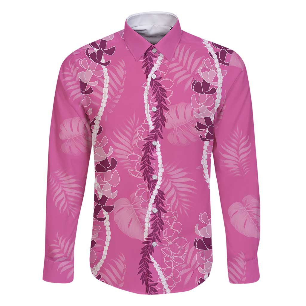 Hawaii Maile Lei Family Matching Mermaid Dress and Hawaiian Shirt With Pink Monstera Pattern LT05 Dad's Shirt - Long Sleeve Pink - Polynesian Pride