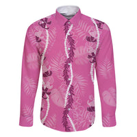 Hawaii Maile Lei Family Matching Mermaid Dress and Hawaiian Shirt With Pink Monstera Pattern LT05 Dad's Shirt - Long Sleeve Pink - Polynesian Pride