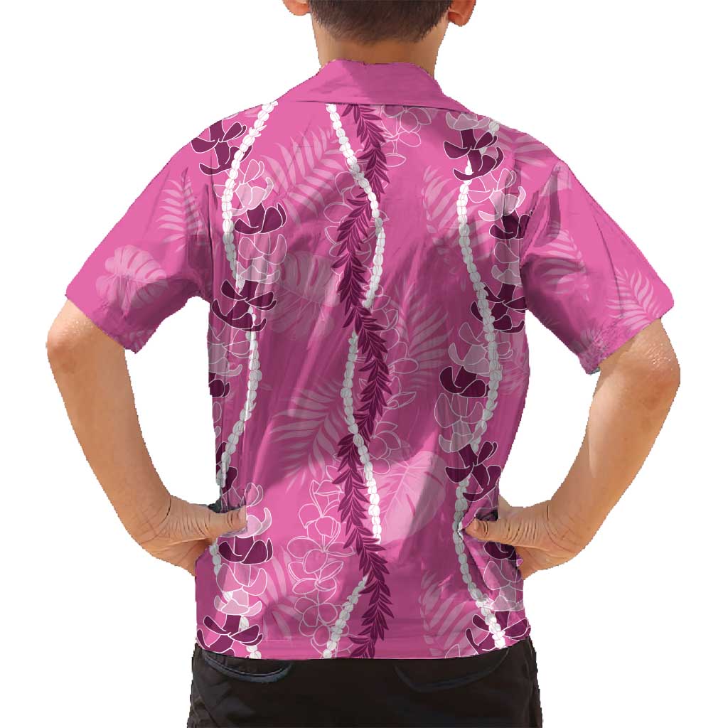 Hawaii Maile Lei Family Matching Off Shoulder Short Dress and Hawaiian Shirt With Pink Monstera Pattern
