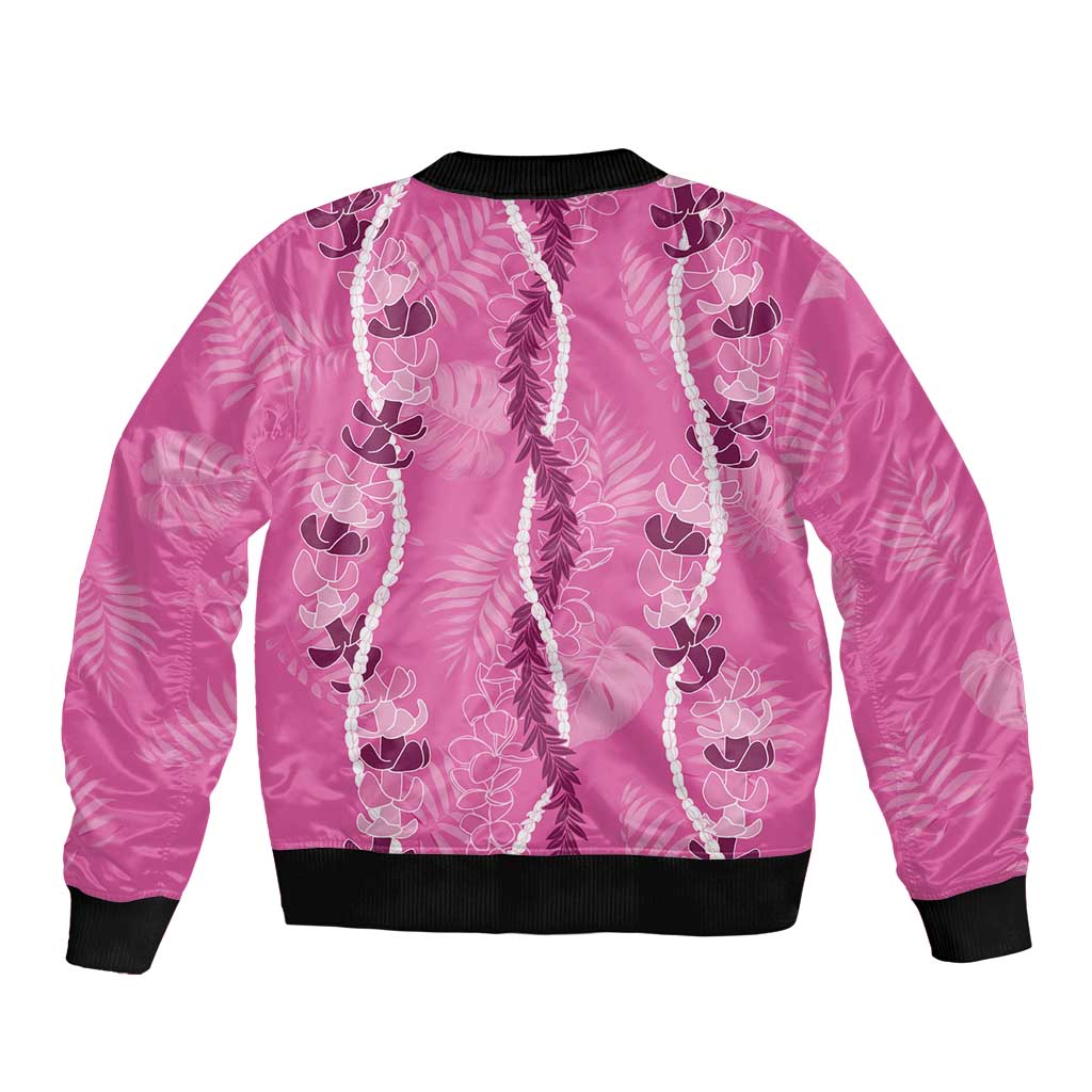 Hawaii Maile Lei Sleeve Zip Bomber Jacket With Pink Monstera Pattern