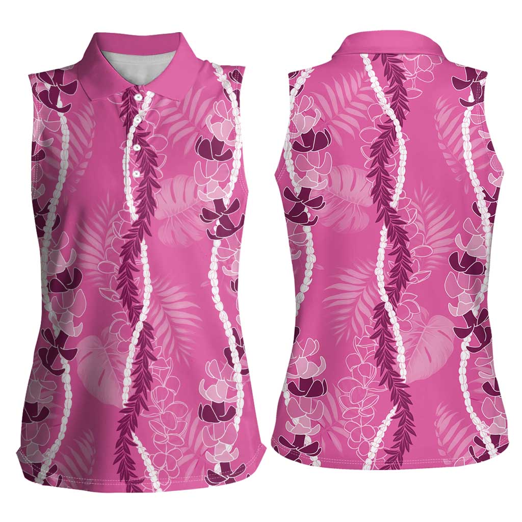 Hawaii Maile Lei Women Sleeveless Polo Shirt With Pink Monstera Pattern LT05 - Polynesian Pride