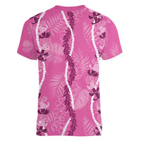 Hawaii Maile Lei Women V-Neck T-Shirt With Pink Monstera Pattern