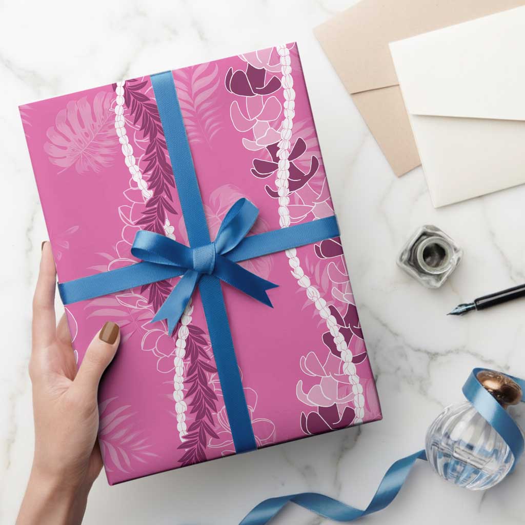 Hawaii Maile Lei Wrapping Paper With Pink Monstera Pattern - Polynesian Pride