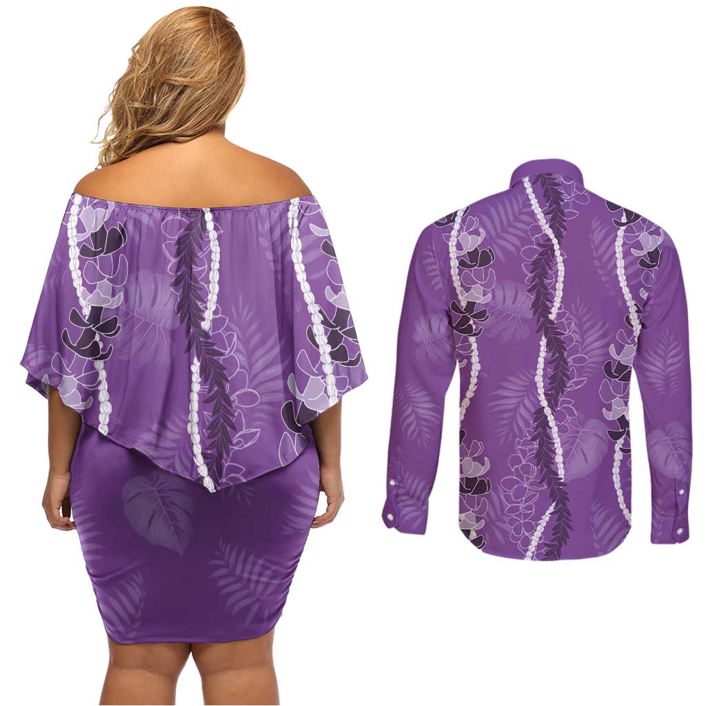 Hawaii Maile Lei Couples Matching Off Shoulder Short Dress and Long Sleeve Button Shirt With Violet Monstera Pattern LT05 - Polynesian Pride