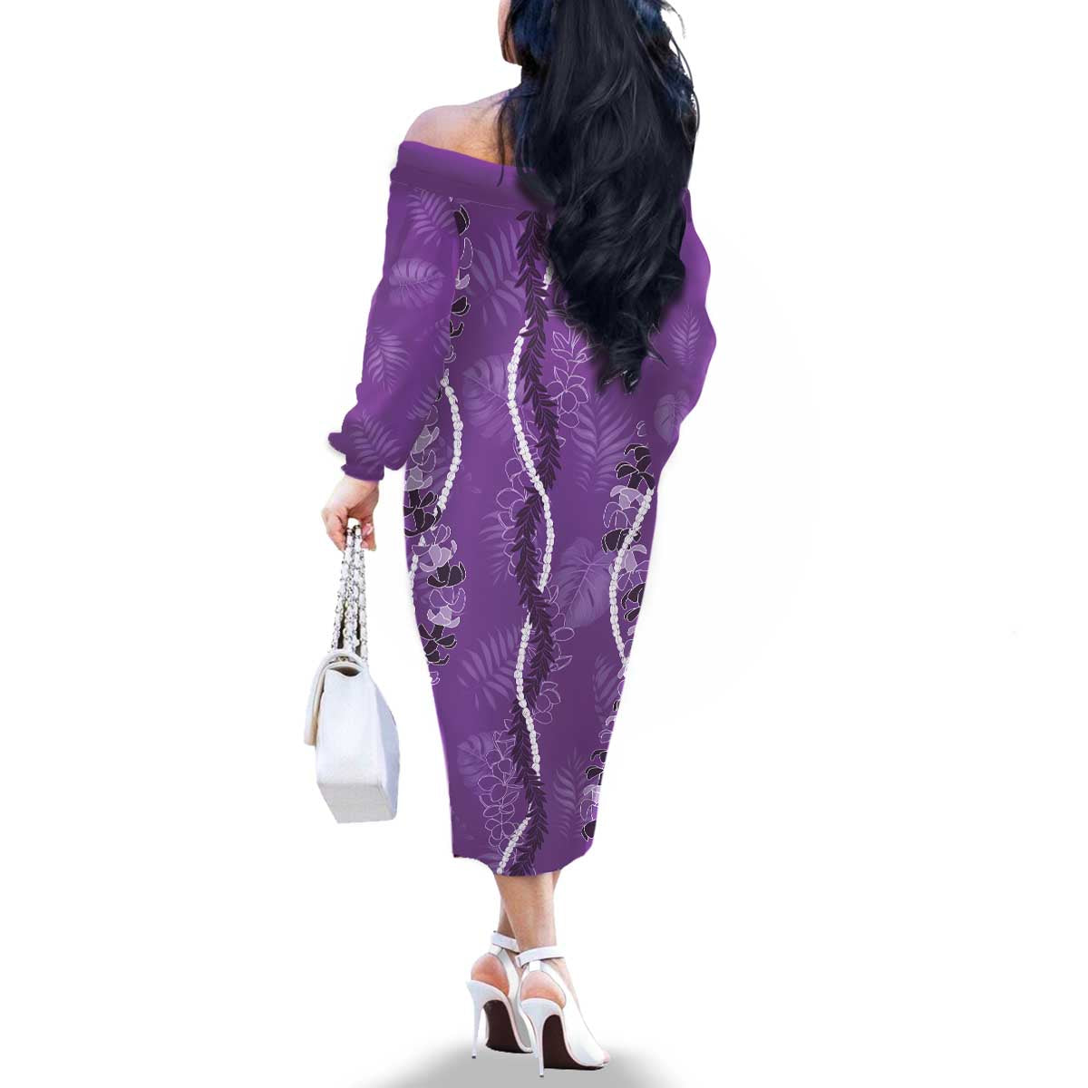 Hawaii Maile Lei Family Matching Off The Shoulder Long Sleeve Dress and Hawaiian Shirt With Violet Monstera Pattern