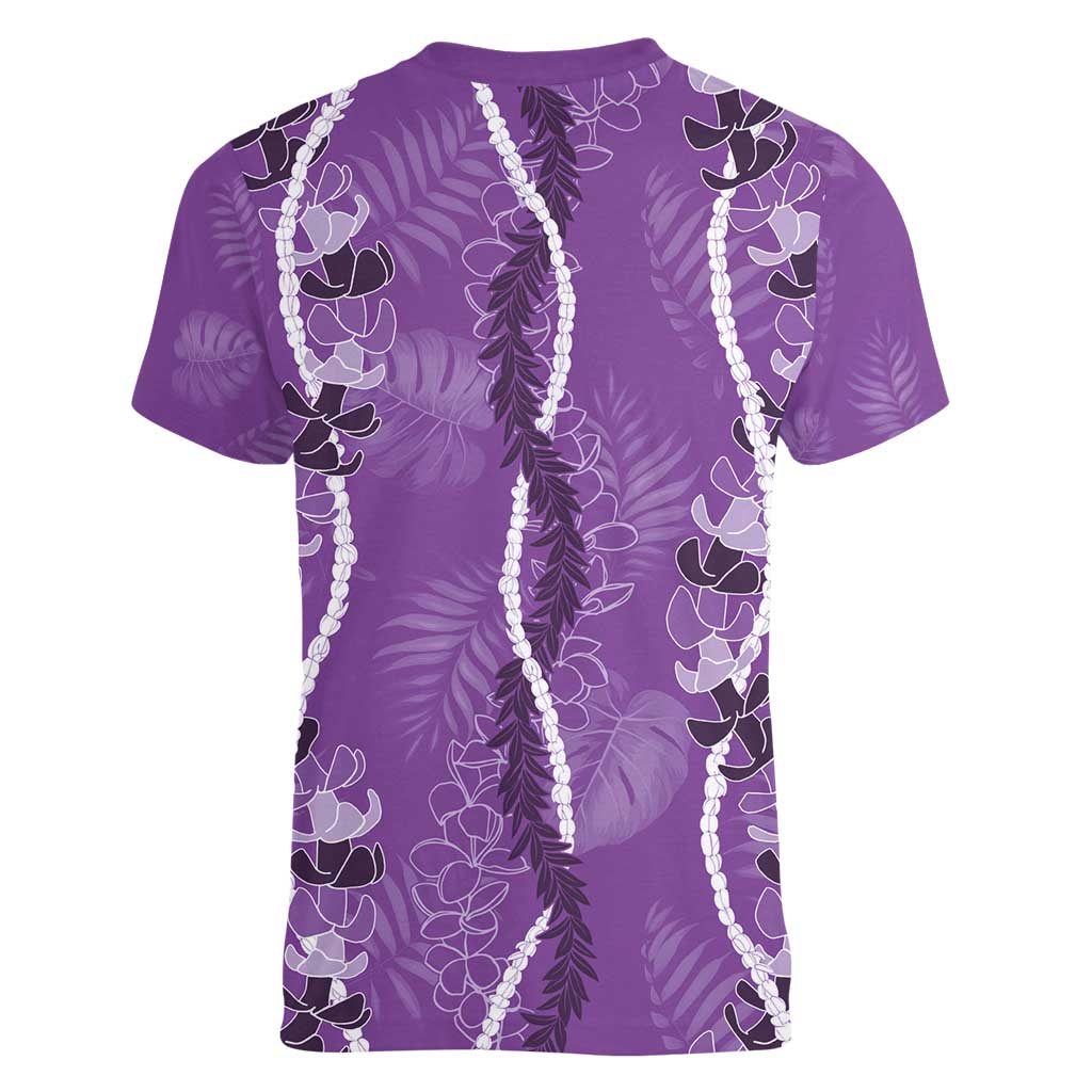 Hawaii Maile Lei Women V-Neck T-Shirt With Violet Monstera Pattern