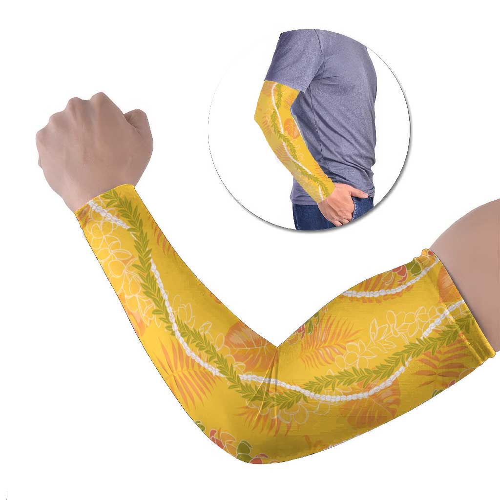Hawaii Maile Lei Arm Sleeves With Yellow Monstera Pattern - Polynesian Pride