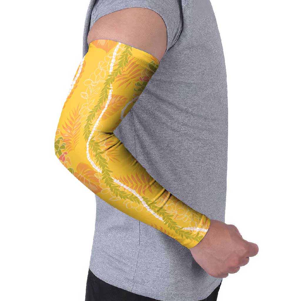 Hawaii Maile Lei Arm Sleeves With Yellow Monstera Pattern - Polynesian Pride
