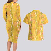 Hawaii Maile Lei Couples Matching Long Sleeve Bodycon Dress and Hawaiian Shirt With Yellow Monstera Pattern