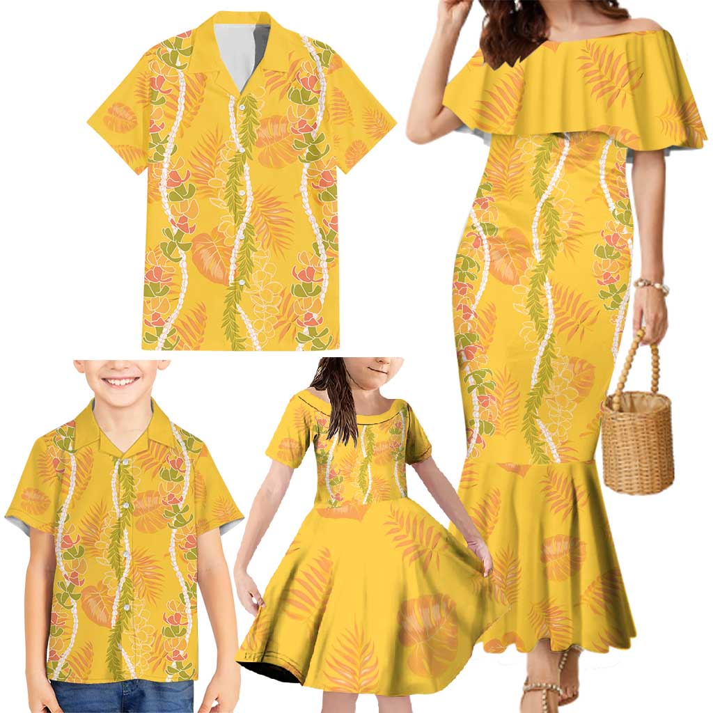 Hawaii Maile Lei Family Matching Mermaid Dress and Hawaiian Shirt With Yellow Monstera Pattern LT05 - Polynesian Pride