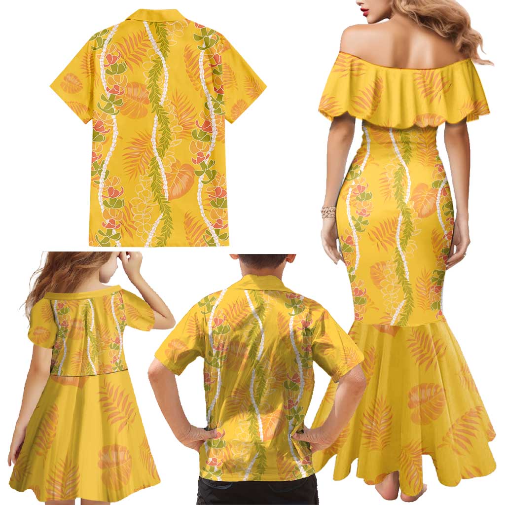 Hawaii Maile Lei Family Matching Mermaid Dress and Hawaiian Shirt With Yellow Monstera Pattern LT05 - Polynesian Pride