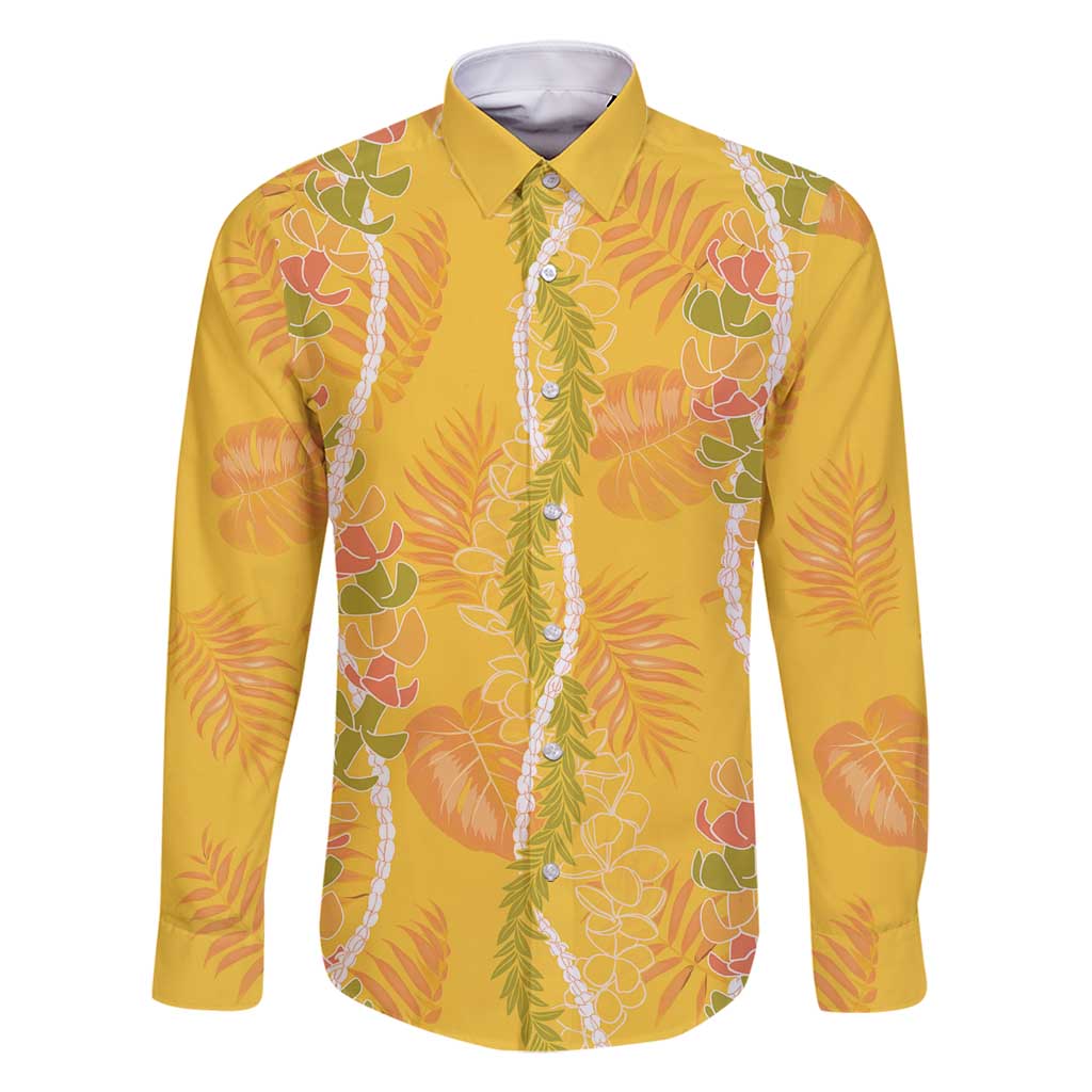 Hawaii Maile Lei Family Matching Mermaid Dress and Hawaiian Shirt With Yellow Monstera Pattern LT05 Dad's Shirt - Long Sleeve Yellow - Polynesian Pride