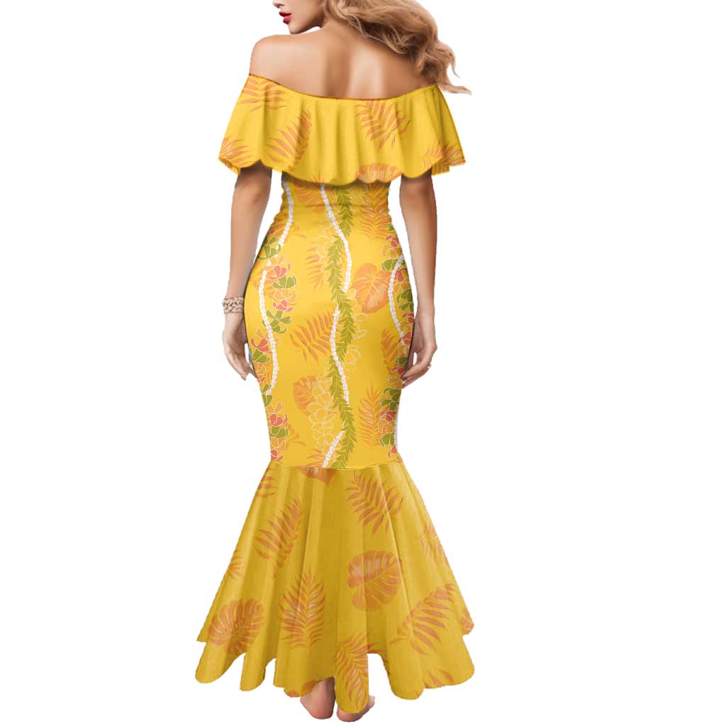 Hawaii Maile Lei Family Matching Mermaid Dress and Hawaiian Shirt With Yellow Monstera Pattern LT05 - Polynesian Pride