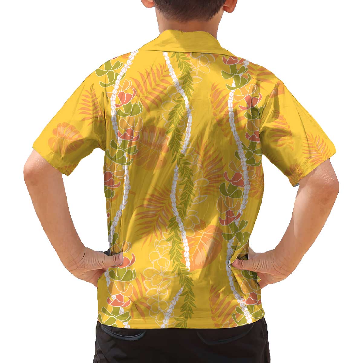 Hawaii Maile Lei Family Matching Off The Shoulder Long Sleeve Dress and Hawaiian Shirt With Yellow Monstera Pattern LT05 - Polynesian Pride