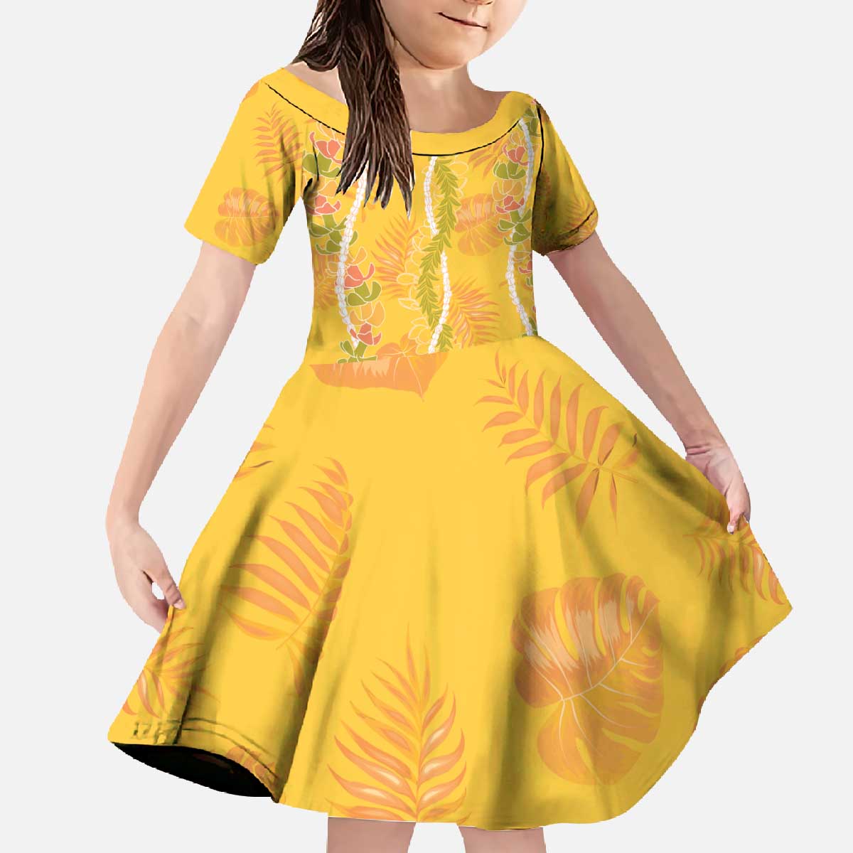 Hawaii Maile Lei Family Matching Off The Shoulder Long Sleeve Dress and Hawaiian Shirt With Yellow Monstera Pattern LT05 - Polynesian Pride