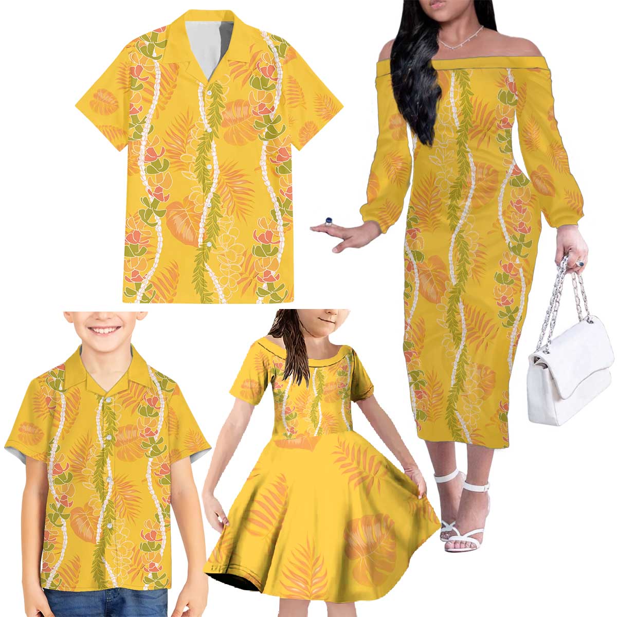 Hawaii Maile Lei Family Matching Off The Shoulder Long Sleeve Dress and Hawaiian Shirt With Yellow Monstera Pattern LT05 Yellow - Polynesian Pride