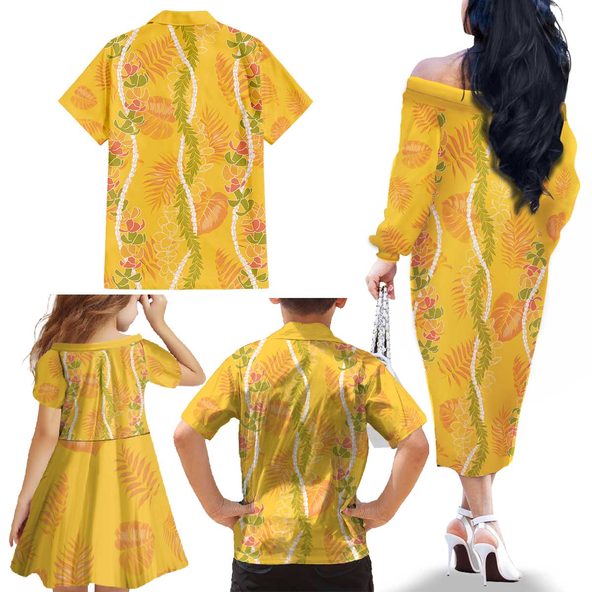 Hawaii Maile Lei Family Matching Off The Shoulder Long Sleeve Dress and Hawaiian Shirt With Yellow Monstera Pattern LT05 - Polynesian Pride
