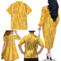 Hawaii Maile Lei Family Matching Off The Shoulder Long Sleeve Dress and Hawaiian Shirt With Yellow Monstera Pattern LT05 - Polynesian Pride