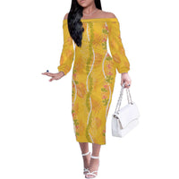 Hawaii Maile Lei Family Matching Off The Shoulder Long Sleeve Dress and Hawaiian Shirt With Yellow Monstera Pattern LT05 - Polynesian Pride