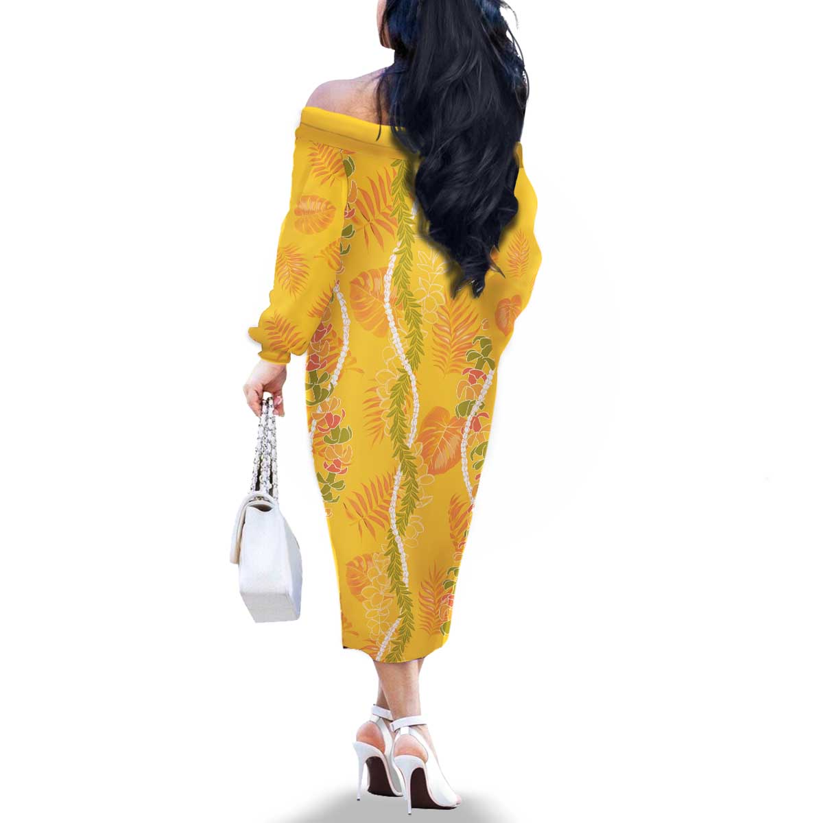 Hawaii Maile Lei Family Matching Off The Shoulder Long Sleeve Dress and Hawaiian Shirt With Yellow Monstera Pattern LT05 - Polynesian Pride