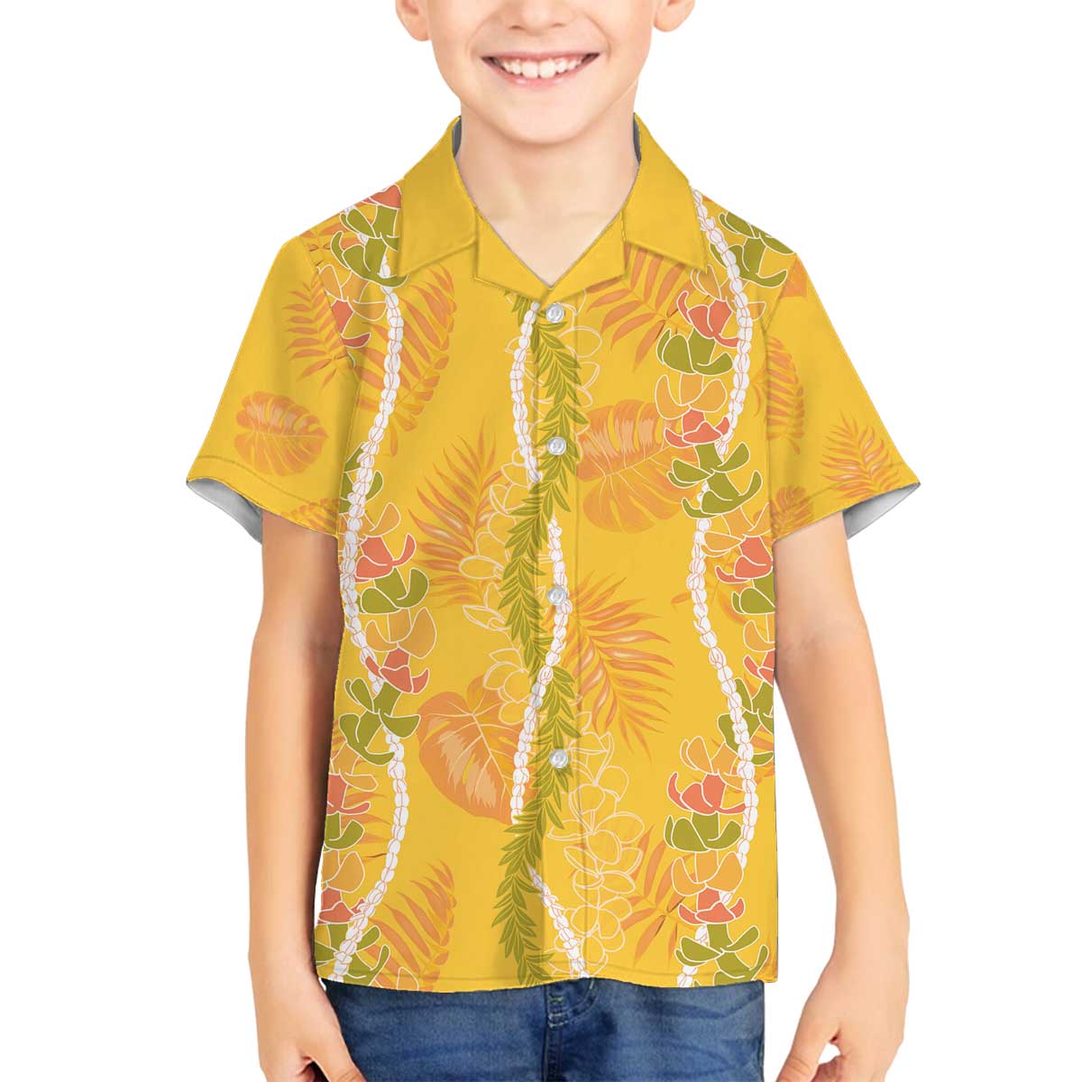 Hawaii Maile Lei Family Matching Off The Shoulder Long Sleeve Dress and Hawaiian Shirt With Yellow Monstera Pattern LT05 - Polynesian Pride