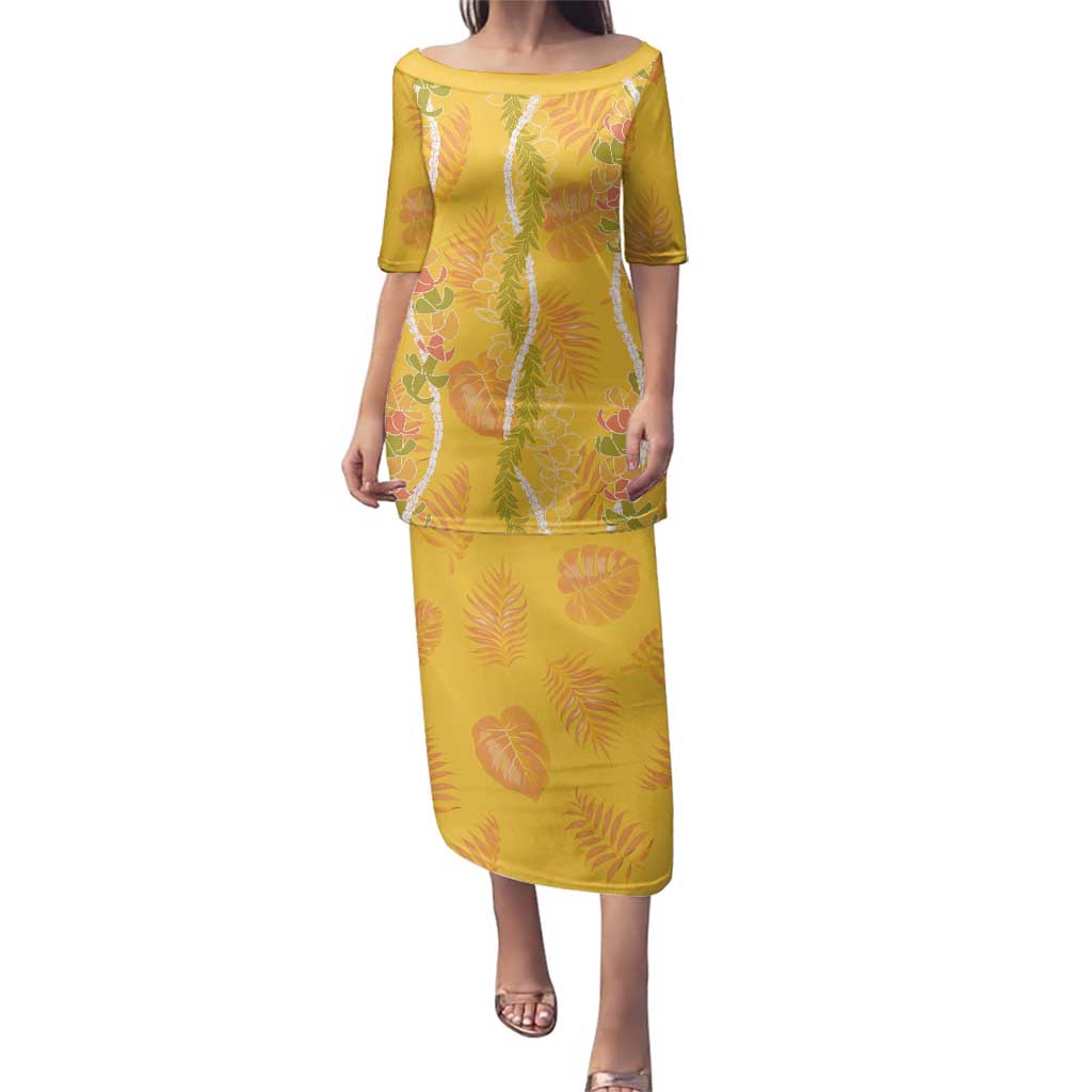 Hawaii Maile Lei Family Matching Puletasi and Hawaiian Shirt With Yellow Monstera Pattern