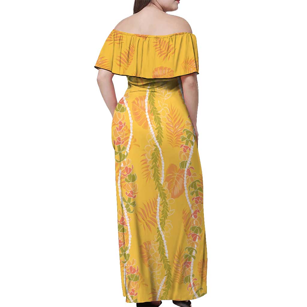 Hawaii Maile Lei Off Shoulder Maxi Dress With Yellow Monstera Pattern