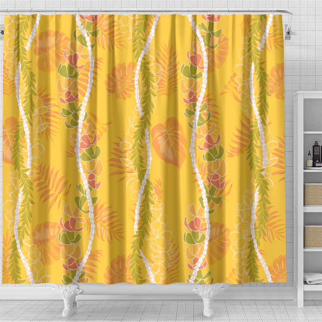 Hawaii Maile Lei Shower Curtain With Yellow Monstera Pattern