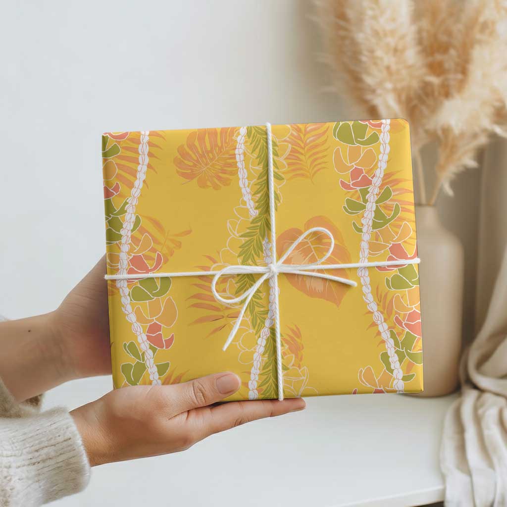 Hawaii Maile Lei Wrapping Paper With Yellow Monstera Pattern - Polynesian Pride