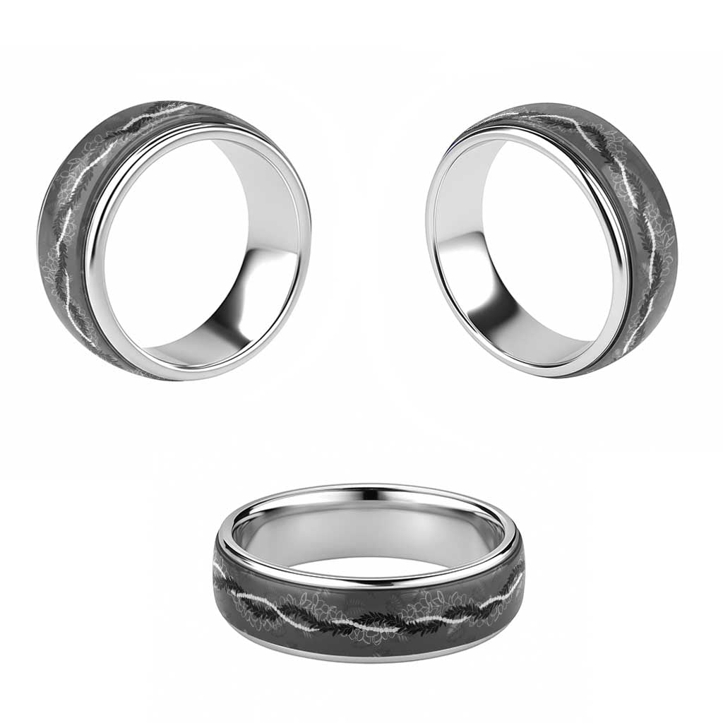Hawaii Maile Lei Classic Ring With Gray Monstera Pattern - Polynesian Pride