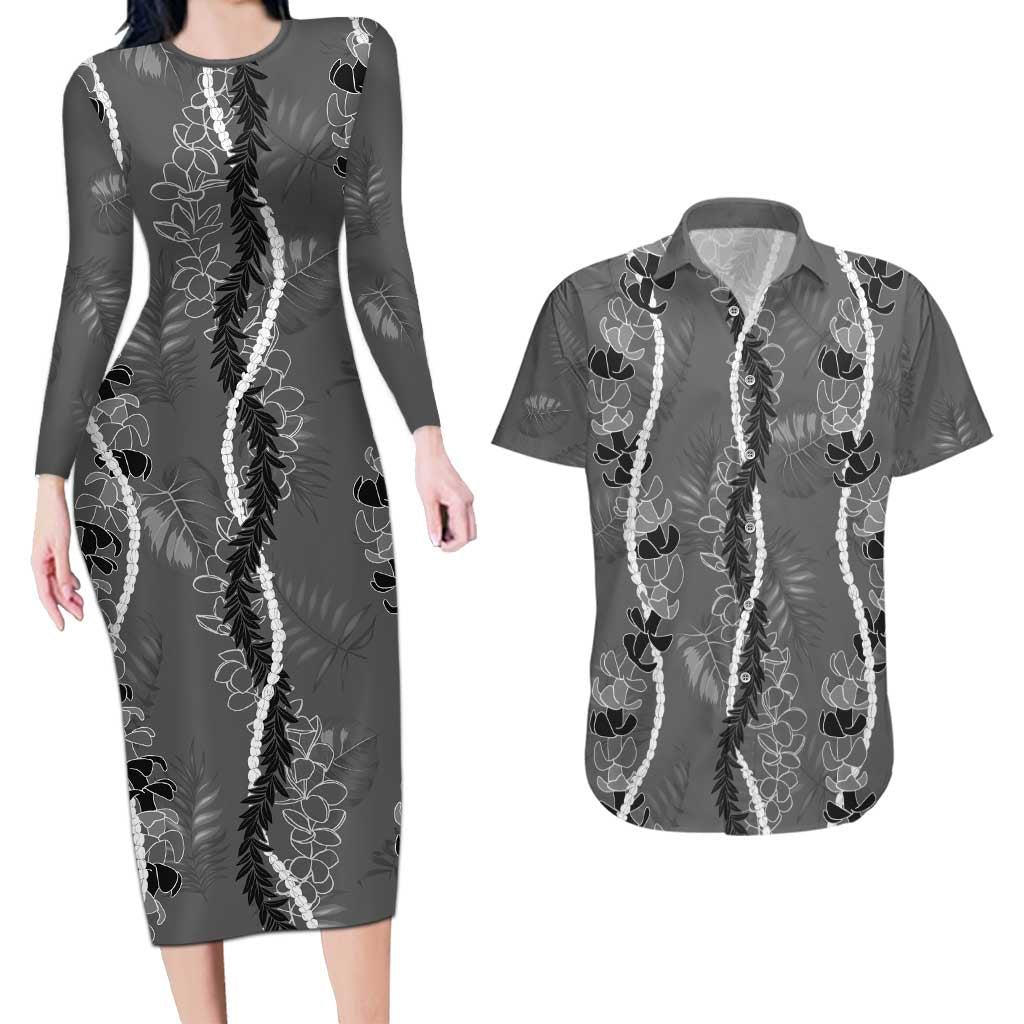 Hawaii Maile Lei Couples Matching Long Sleeve Bodycon Dress and Hawaiian Shirt With Gray Monstera Pattern LT05 Gray - Polynesian Pride