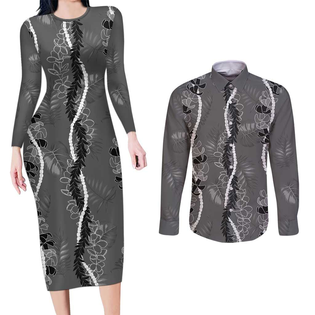 Hawaii Maile Lei Couples Matching Long Sleeve Bodycon Dress and Long Sleeve Button Shirt With Gray Monstera Pattern LT05 Gray - Polynesian Pride