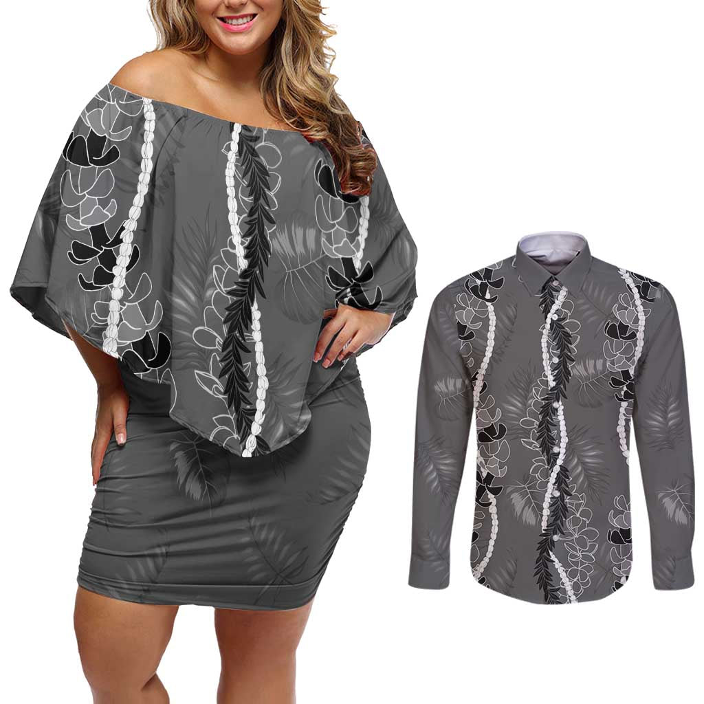 Hawaii Maile Lei Couples Matching Off Shoulder Short Dress and Long Sleeve Button Shirt With Gray Monstera Pattern LT05 Gray - Polynesian Pride