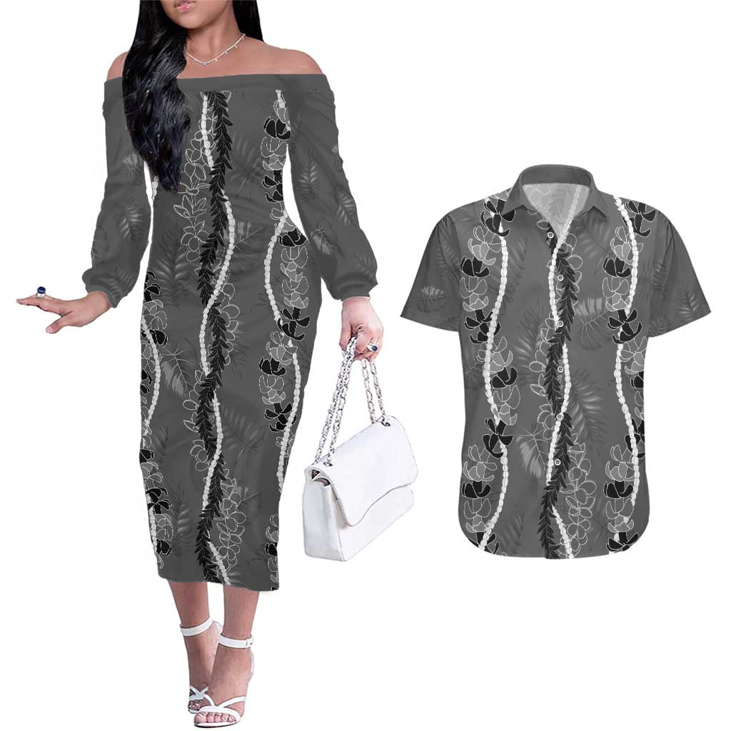 Hawaii Maile Lei Couples Matching Off The Shoulder Long Sleeve Dress and Hawaiian Shirt With Gray Monstera Pattern LT05 Gray - Polynesian Pride