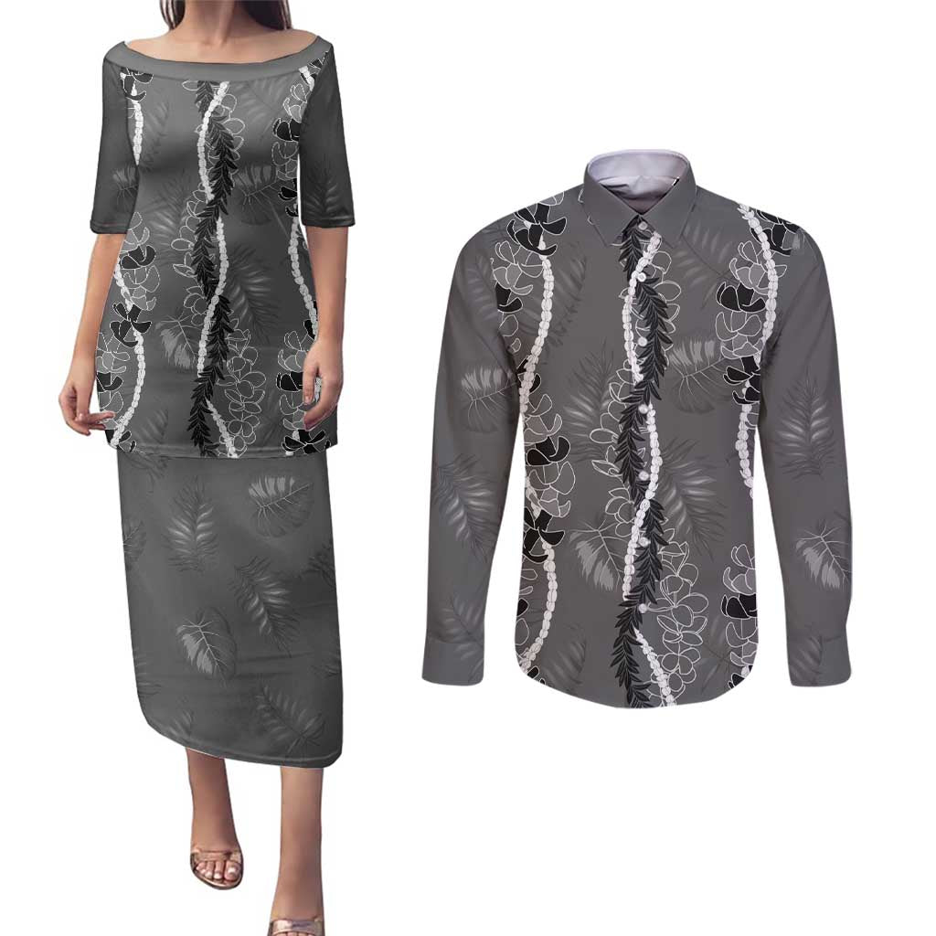 Hawaii Maile Lei Couples Matching Puletasi and Long Sleeve Button Shirt With Gray Monstera Pattern LT05 Gray - Polynesian Pride