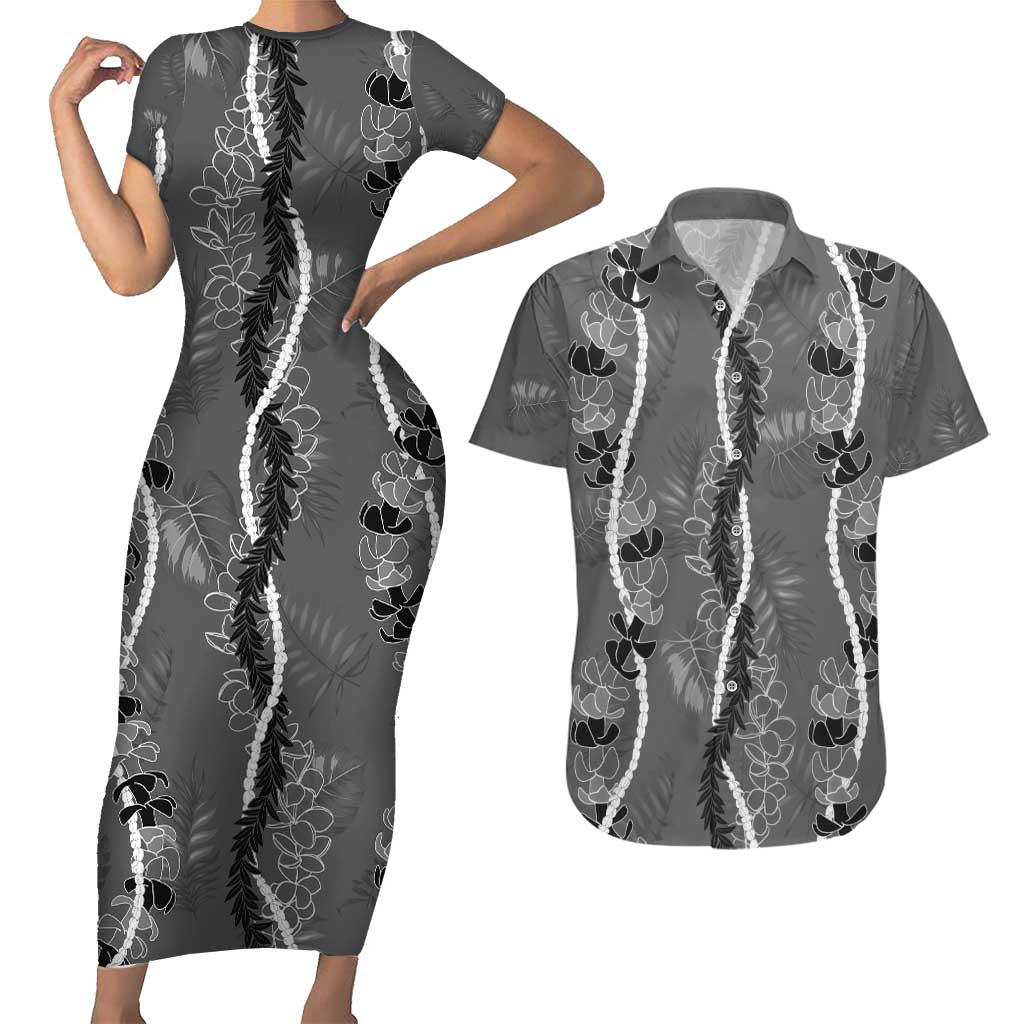 Hawaii Maile Lei Couples Matching Short Sleeve Bodycon Dress and Hawaiian Shirt With Gray Monstera Pattern LT05 Gray - Polynesian Pride