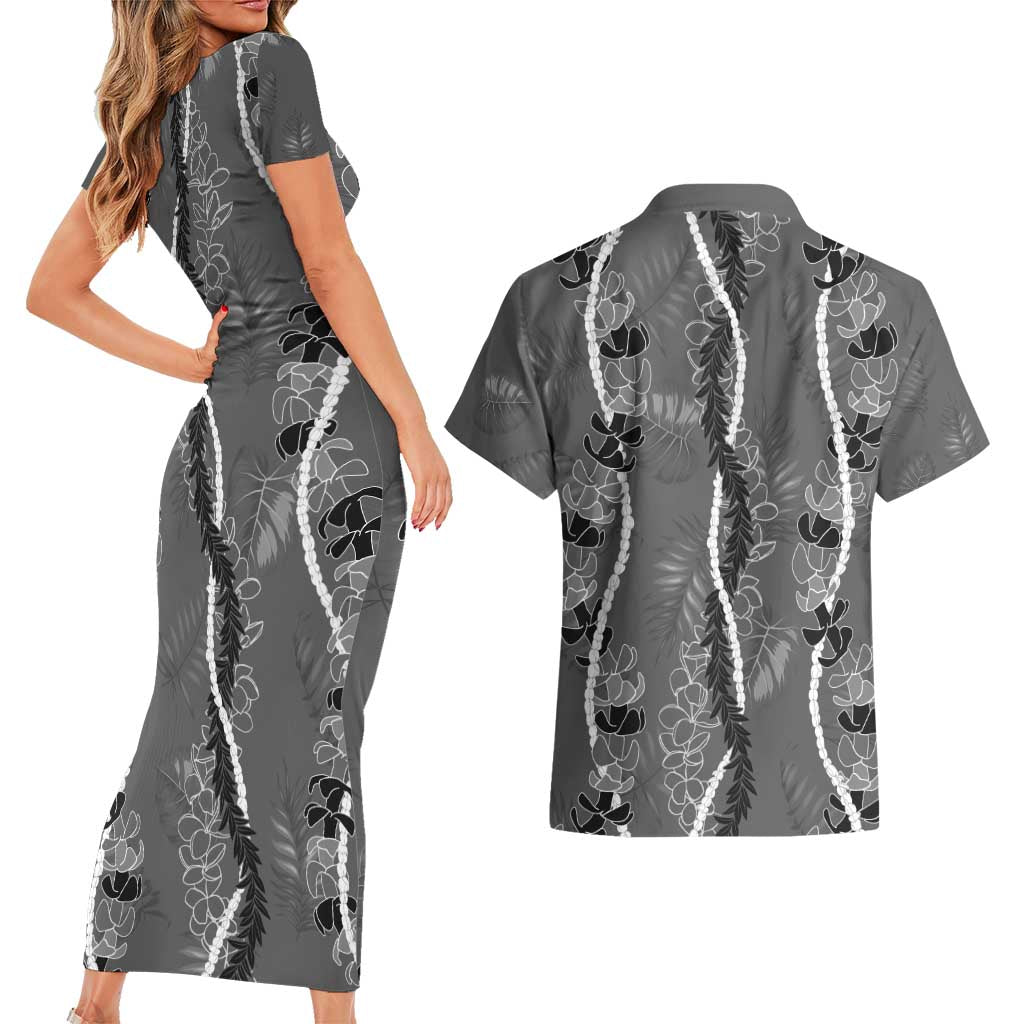 Hawaii Maile Lei Couples Matching Short Sleeve Bodycon Dress and Hawaiian Shirt With Gray Monstera Pattern